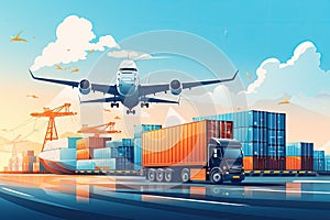 An image depicting logistics with a container truck, ship in port, and airplane for import,export industry.by Generative