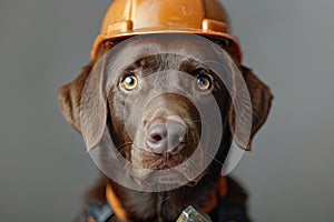 Safe Paws: Adorable Brown Dog with Hammer and Helmet - Care for Your Pet Concept photo