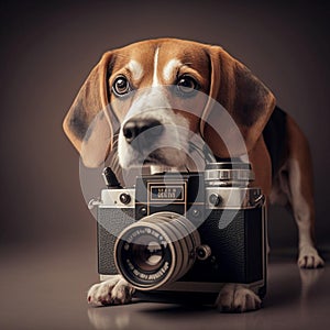 Beagle dog with retro vintage camera on white minimalist background