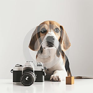 Beagle dog with retro vintage camera on white minimalist background