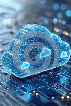 3D isometric cloud storage icon on a digital circuit board