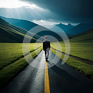 Business man walking down a country road at sunset