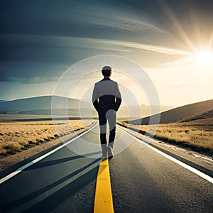 Business man walking down a country road at sunset