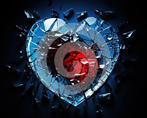 The image depicts a close-up view of a broken heart made of glass.