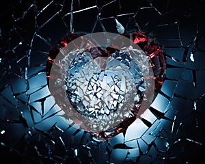 The image depicts a close-up view of a broken heart made of glass.