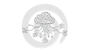 A cloud computing network diagram with a complex system of lines and nodes