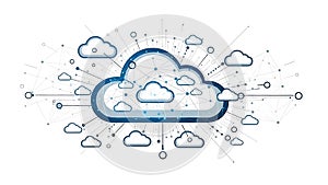 A cloud computing network with interconnected clouds and lines on a white background