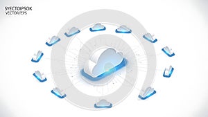 A cloud computing network with multiple connected servers and data storage