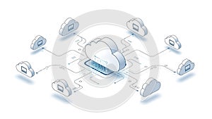 A cloud computing network with multiple devices connected to a central server