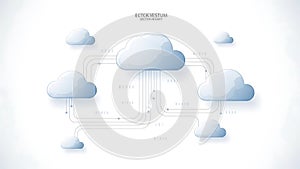 A cloud computing network with interconnected clouds on a white background