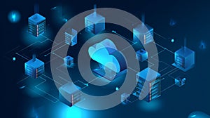 A futuristic illustration of a cloud computing network with interconnected servers and data storage