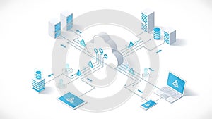 A cloud computing network with various devices and data storage connected online