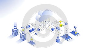 A cloud computing network with various devices and servers connected online