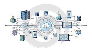A cloud computing system with various devices and data storage connected to a central network