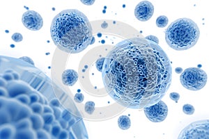 A cluster of translucent blue orbs filled with smaller orbs floats against a soft blue backdrop photo
