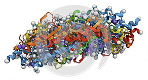 This image depicts a complex molecular model of a protein structure. It features an