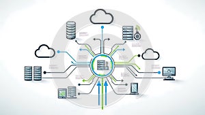 A complex network diagram illustrating data flow and cloud computing connections