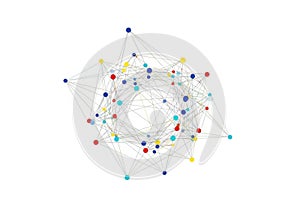 Complex network visualization with interconnected colored nodes and edges