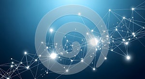 Complex network structure with interconnected nodes and lines on blue background representing data communication and technology