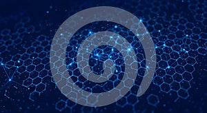 Complex network structure with interconnected nodes and hexagonal patterns in a dark blue background