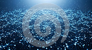 Complex network structure with interconnected nodes and lines in a dark blue background with bright light