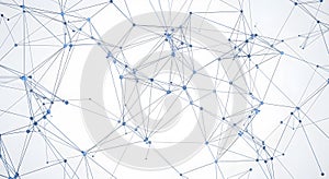 Complex network structure with interconnected nodes and lines on white background representing data connection and technology