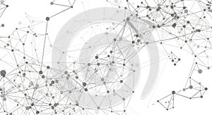 Complex network structure with interconnected nodes and lines on white background representing data connection and technology