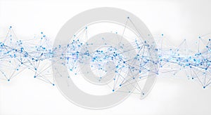 Complex network structure with interconnected nodes and lines on white background representing data visualization and digital
