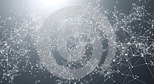 Complex network structure with interconnected nodes and lines on dark background representing data connection and technology