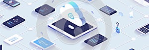 This image depicts the concept of cloud computing showcasing a network of devices connected to a central cloud server