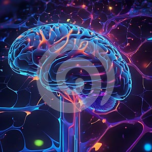 Conceptual representation of artificial intelligence brain surrounded by data and circuits digital d