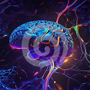 Conceptual representation of artificial intelligence brain surrounded by data and circuits digital d