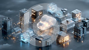 Cloud computing concept with futuristic city and data transfer