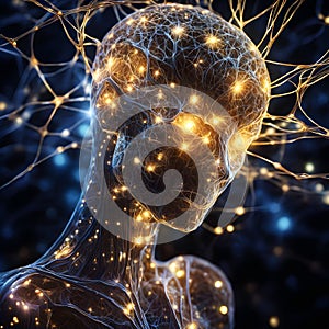 A conceptual visualization of a human figure, representing the nervous system and brain activity.