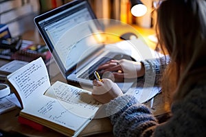 Student writing notes in a cozy home workspace at night
