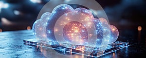 Futuristic 3D isometric cloud icon with glowing blue and orange lights