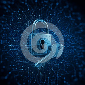 AI Generated Digital Lock and Key on Circuit Board Background