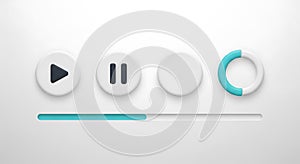 A digital media player interface with play, pause, and loading controls on a white background