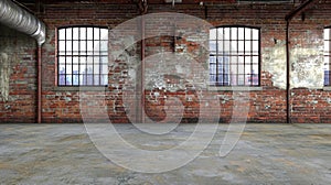 A large empty warehouse with a red brick wall and two windows.