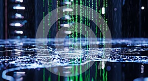 Digital Rain Matrix Code Falling on Wet Surface - Futuristic Data Flow