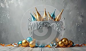silver box with white cloth and gold and blue balloons sits on wooden surface, surrounded by scattered photo