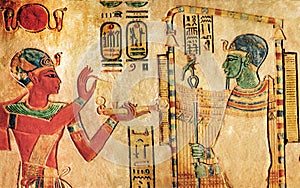 funerary background of the tomb of khaemuaset, pharaoh before gods, in the valley of the kings, in egypt;