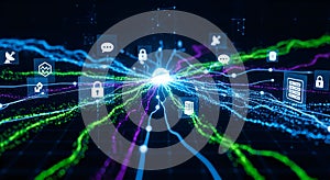 Digital connectivity and futuristic data encryption network visualization