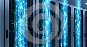 Digital Data Stream Flowing Through Server Racks