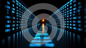 Futuristic Data Stream Visualization with Glowing Binary Code and Light Source at the End of Tunnel