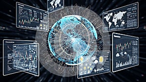 Futuristic digital interface with global data visualization and analytics