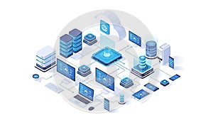 A futuristic illustration of cloud computing and data storage with various devices connected