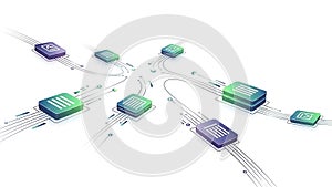 A futuristic illustration of interconnected data chips on a white background