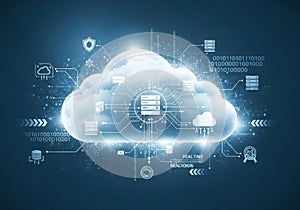 Modern cloud computing infrastructure with interconnected digital services and security features