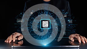 Futuristic Technology Concept with Microchip and Digital Interface Representing Data Processing and Innovation in